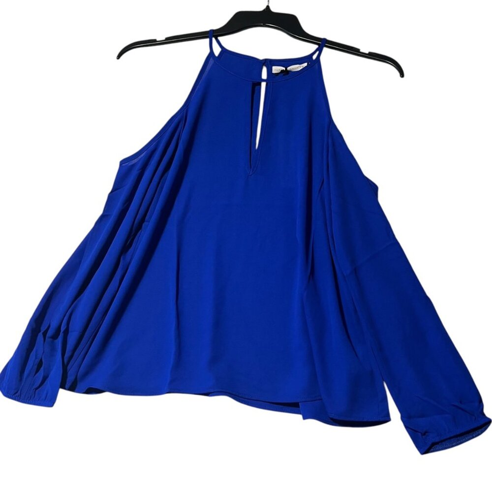 Three Eighty Two Women's S Blue Cold Shoulder Blouse Top Key Hole Open Sleeve